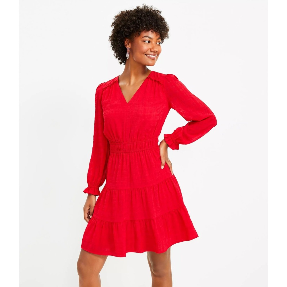 Loft Textured Plaid Tiered V Neck Fit & Flare Dress Sz 18 Long Sleeve Romantic